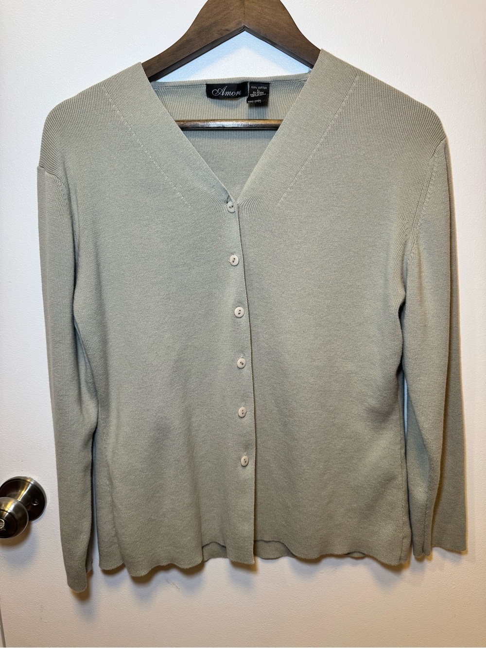 Amore V-Neck Button-Front Cardigan in Light Sage 100% Cotton Size Large